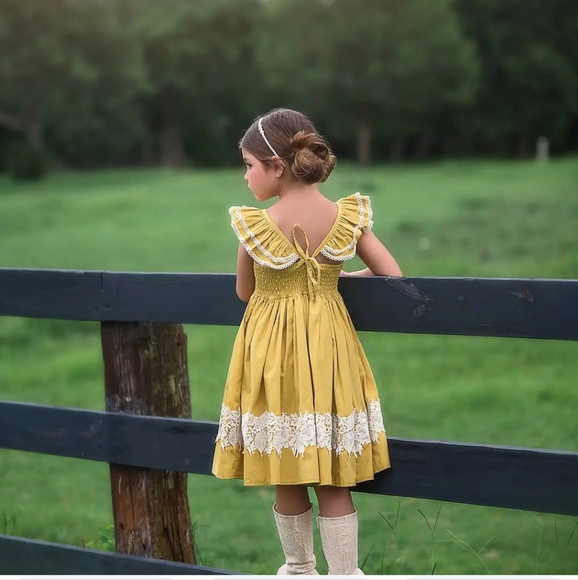 Girls' Mustard Yellow Lace-Trim Party Dress - Picture 7 of 9